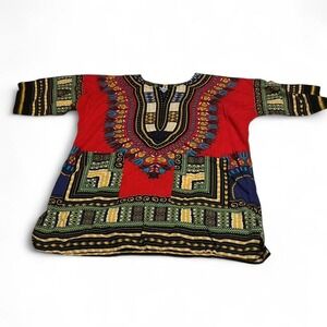 Advance Dashiki Tunic Top Women Small Red Cotton African Print V-Neck Excellent